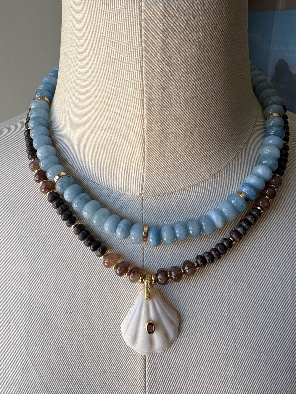 Neutral Brown Beaded Necklace w/ Shell Pendant
